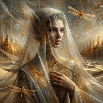 The primary subject of the image is a woman wearing a veil and a crown, with a gold and white color scheme. She is surrounded by a fantasy setting, which includes a castle and a dragon. The visual style of the image is a digital art or illustration, with a focus on the woman's face and the intricate details of her outfit. The colors and mood of the image are elegant and magical, creating a sense of wonder and enchantment.